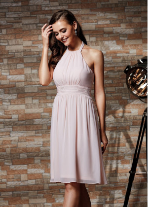 Halter Neck Petal Pink Chiffon Knee Length Bridesmaid Dress